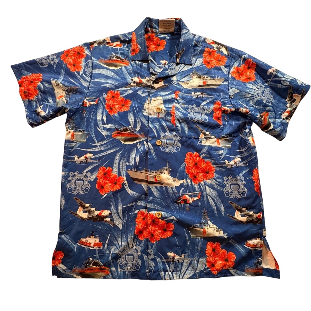 AE Sport US Coast Guard Hawaiian Shirt Mens Small Blue Hibiscus Military Boats